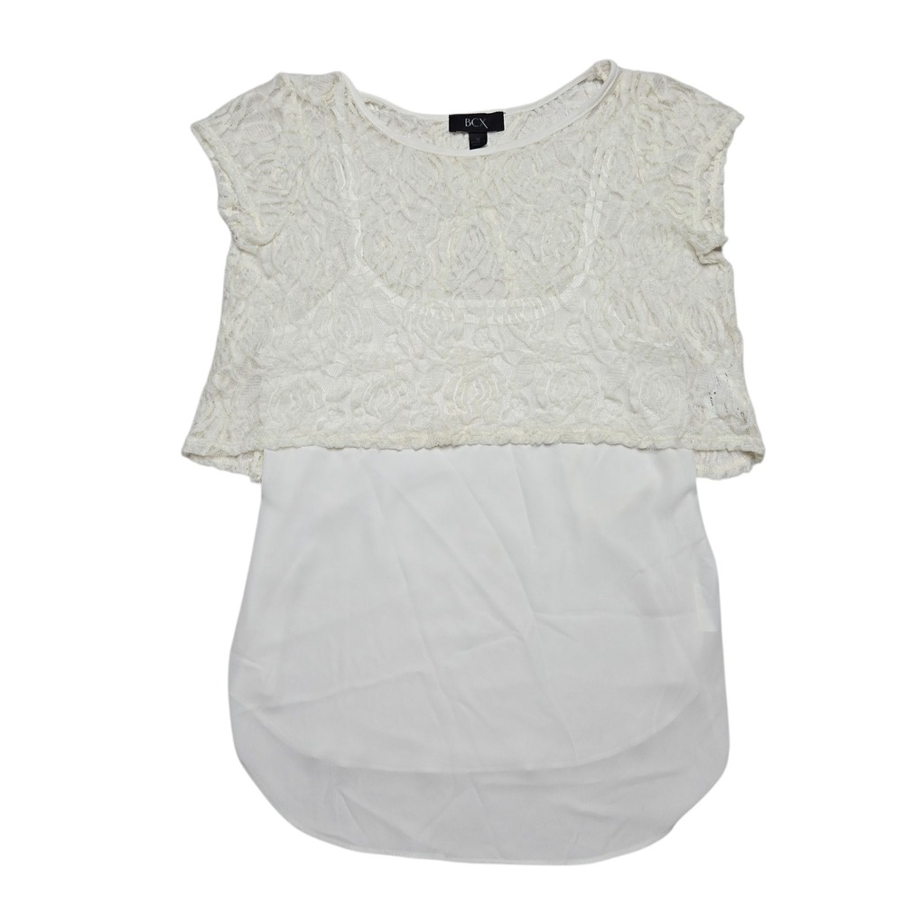 BCX Top Womens Medium Ivory White Lace Overlay Short Sleeve Layered Blouse Shirt